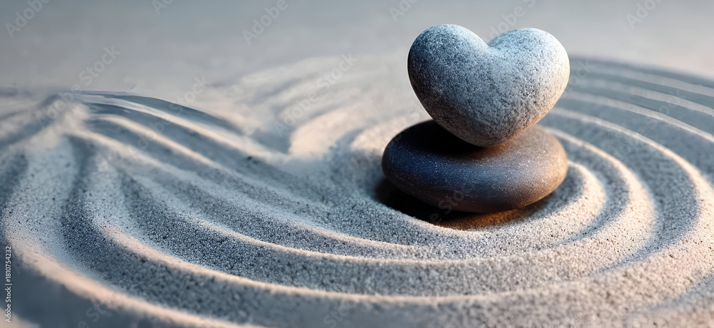 Fototapeta premium A serene arrangement of smooth stones in sand, featuring a heart-shaped rock symbolizing love and tranquility in a calming setting.