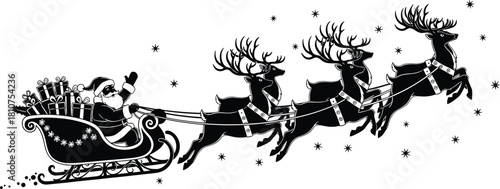 Santa sleigh silhouette, flying reindeer, festive scene, Christmas magic, holiday tradition, cad drawing flat vector illustration