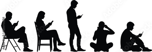 Smartphone silhouette, seated and standing poses, digital lifestyle, mobile users, tech habits, modern posture, cad drawing flat vector illustration