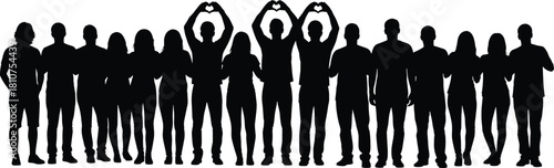 Unity silhouette, group support, heart gesture, community togetherness, people standing, love symbol, collective identity, cad drawing flat vector illustration