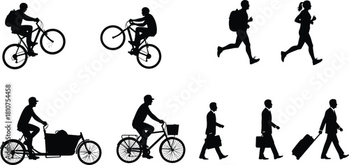 Mobility silhouette, walking and cycling, urban movement, travel poses, commuter diversity, transport icon, cad drawing flat vector illustration