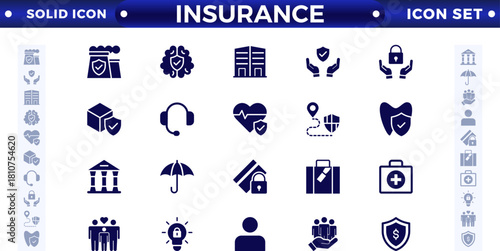 Insurance solid icon collection. Related to healthcare, medical, life, car, home, and travel insurance icons.