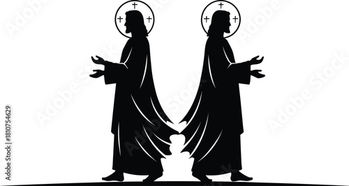 Mirrored silhouettes of Jesus Christ walking with open arms, religious black vector illustration with holy halo, christian design element for easter, church, and bible projects