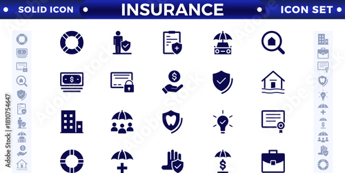 Insurance solid icon collection. Related to healthcare, medical, life, car, home, and travel insurance icons.