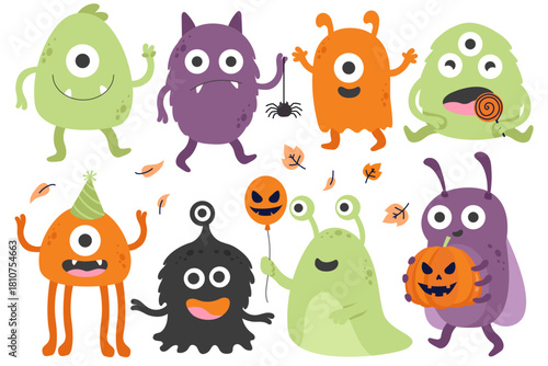 Cute Halloween Monster Character Pack Flat Vector Illustration