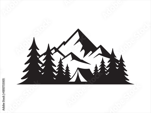 .Mountain Camping Silhouette with Tent, Pine Trees, and Scenic Peaks