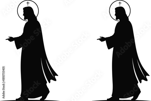 Walking Jesus Christ silhouette set, religious black vector illustration with holy halo, christian symbol for easter, faith, and church design projects