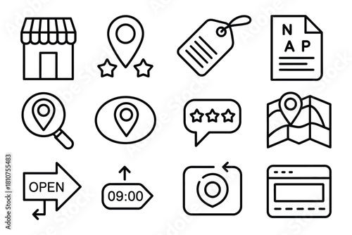 Local SEO line icons, line style icons of local SEO google business, map pin with stars, local citation tag, nap consistency, vector illustration perfect for digital marketing, website design