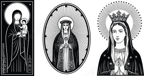 Virgin Mary vector illustration set, Madonna with baby Jesus, and praying mother of god, black religious icons for catholic church design projects