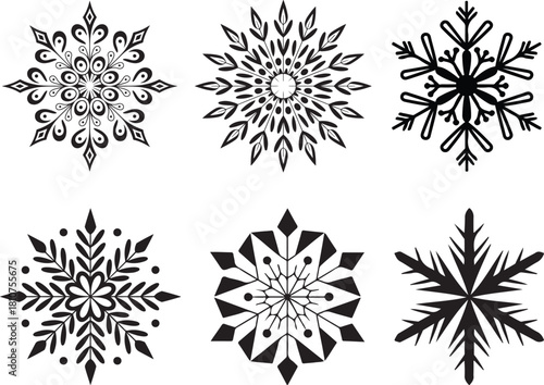 Snowflakes Collection Winter Season Black Silhouette of Various Frozen Crystal Shapes Ornamental Decoration Snow Vector Illustration