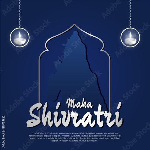 Maha Shivratri festival banner with Shiva silhouette, temple arch, lamps and blue spiritual background. Vector illustration for Hindu celebration posters, cards, web designs