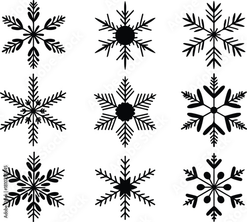 Collection of different black snowflakes on transparent background winter holiday decorative icy frost elements vector graphic template 130