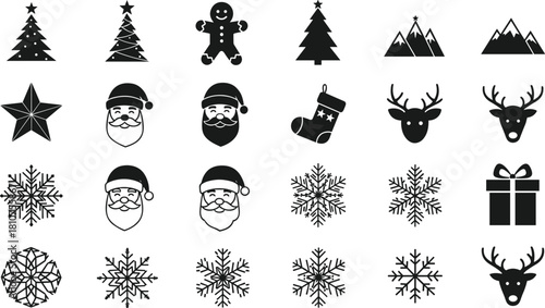 Big Christmas silhouette icon bundle featuring Santa, reindeer, trees, snowflakes, mountains, gifts, stockings, festive winter holiday graphic elements