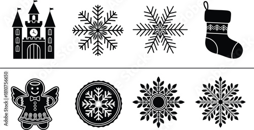 Christmas elements bundle with snowflakes, gingerbread cookie, castle, stocking, ornaments, and holiday decorations, festive black and white vector illustration