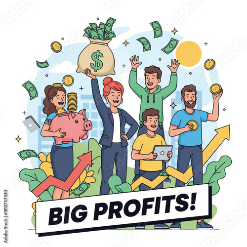 Cartoon illustration of a group of children and a family of people holding hands and playing together with a ball