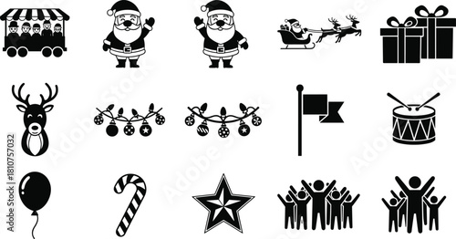 Christmas Holiday Icon Set, Black and White Vector Symbols, Santa Claus, Reindeer, Sleigh, Candy Cane, Star, Lights, Parade, Drum, Gift Boxes, Celebration