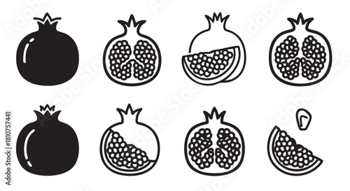 Pomegranate fruit vector graphic illustration in full and halved form