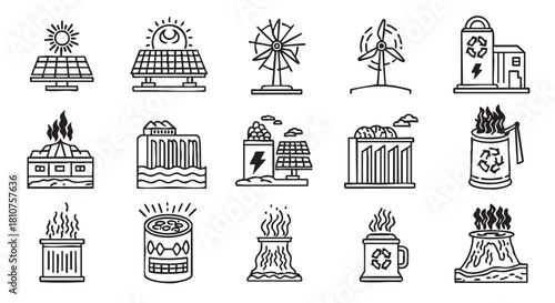 Renewable and nonrenewable energy sources with line art design elements