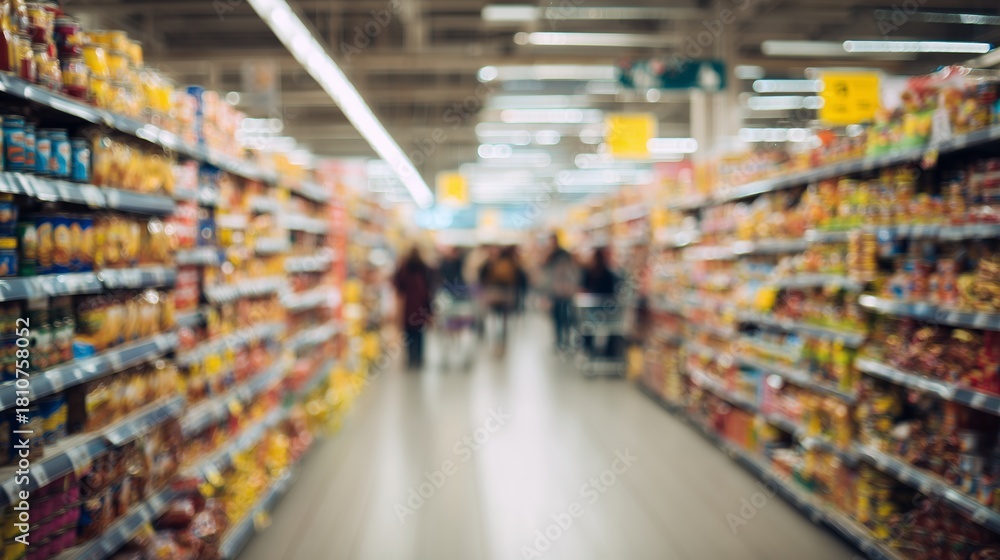 Fototapeta premium Blurred supermarket aisle with shelves stocked with various products and shoppers, concept for retail marketing, consumer behavior analysis and economic trends
