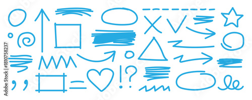 Sketch line frames, pointers. Doodle arrow, circle, oval and square shape frame, check mark. Blue marker, pen underline and navigation symbols.  Chalkboard frame sketch. Vector illustration