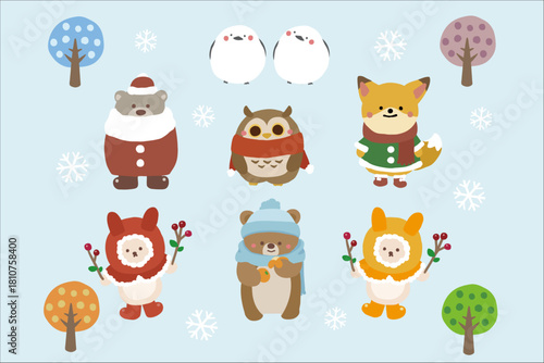 Cute Winter Animals in Snow Outfits Christmas Card Illustration