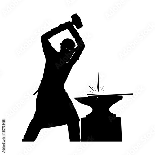 Silhouette of a blacksmith striking an anvil with a hammer, creating sparks.