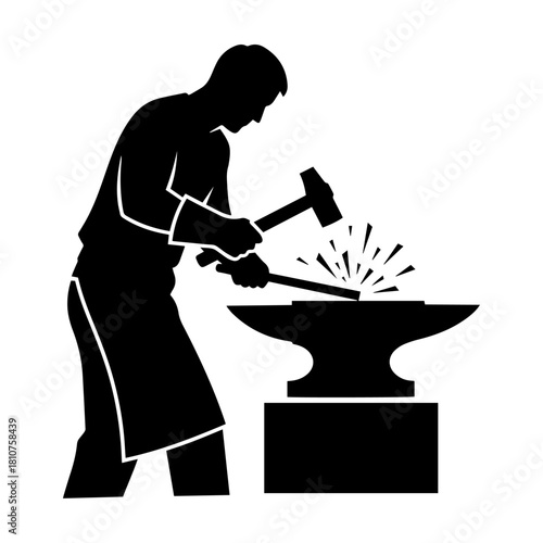 Silhouette of a blacksmith forging metal with hammer and anvil.