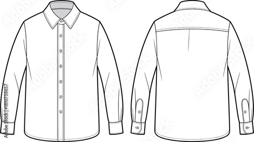 Classic long sleeve button down dress shirt fashion flat front and back view, apparel technical sketch, garment spec, clothing design vector outline