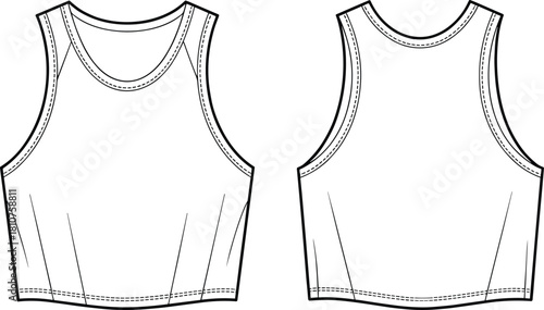 Cropped tank top front and back view, sleeveless women fashion apparel, modern fitness wear CAD template, technical flat garment vector illustration design