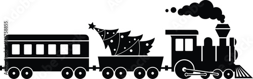 Christmas train silhouette with Christmas tree and steam engine, festive winter holiday illustration, black and white vector graphic design