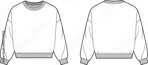 Crewneck sweatshirt flat cad drawing, front and back oversize pullover template, rib collar cuff hem technical fashion sketch for apparel tech pack production vector