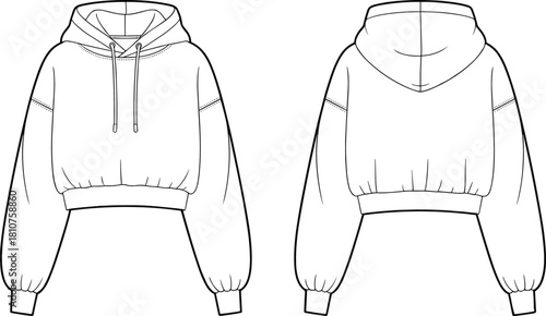 Cropped hoodie sweatshirt fashion cad drawing, front and back flat with drawstring hood, rib hem and cuffs, clean technical apparel vector illustration template