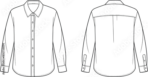 Classic button down shirt front and back cad drawing, long sleeve woven shirt fashion flat with collar and cuff detail, technical apparel vector template