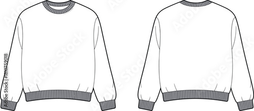 Crewneck sweatshirt technical flat, front and back garment template, rib collar cuffs and hem, clean blank apparel spec, minimalist fashion CAD illustration