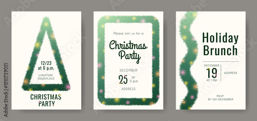 Christmas party and brunch invitation templates. Customized layouts. Garlands fir branches decorated with glowing lights. Festive designs for family, friends, colleagues, media posts and apps.