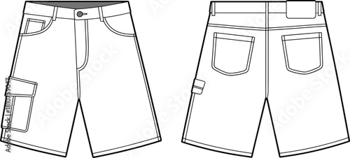 Cargo pocket kids woven shorts front and back clean apparel technical flat with waistband belt loops for tech pack upload, cad drawing flat vector illustration