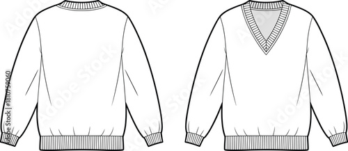 Crew neck and V-neck unisex sweater front back technical fashion flat template with rib cuffs waistband knitwear sketch, cad drawing flat vector illustration