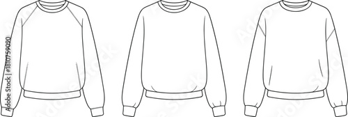 Crewneck sweatshirt front tech flat fashion pullover fleece template long sleeve casual apparel mockup sewing detail apparel tech pack cad drawing flat vector illustration