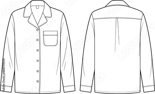 Classic button up long sleeve shirt flat fashion technical sketch with collar and pocket for apparel design, clothing template and pattern making, cad drawing flat vector illustration
