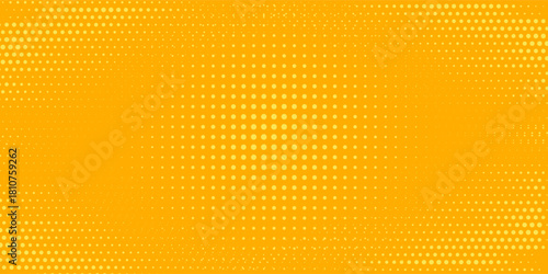 Yellow halftone pattern. Retro comic gradient background. Bright orange pixelated dotted texture overlay. Cartoon pop art faded gradient pattern. Vector backdrop for poster, vector eps10