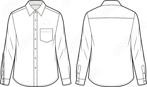 Classic button down long sleeve shirt flat fashion technical sketch with collar, cuff and pocket details for apparel design, clothing template and pattern making, cad drawing flat vector illustration