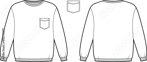 Classic crew neck sweatshirt technical flat sketch with ribbed cuffs and hem, chest pocket design front and back view for apparel fashion design, cad drawing flat vector illustration
