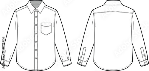 Classic long sleeve button up shirt front and back flat sketch with detailed stitching, collar and pocket, vector apparel design template for fashion industry, cad drawing flat vector illustration
