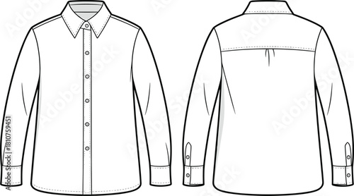 Classic long sleeve button-up shirt technical flat sketch, front and back view apparel design template for fashion illustration,