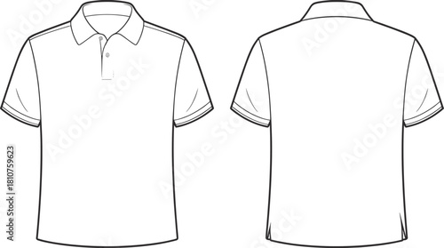 Classic polo shirt technical flat sketch front and back view, short sleeve apparel CAD drawing, detailed fashion clothing vector illustration template for garment design and production reference