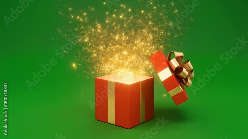 A red gift box with a golden ribbon, emitting golden sparkles against a green background.