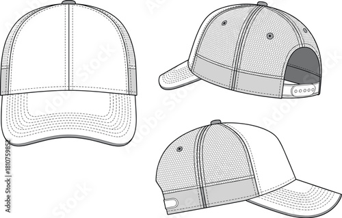 Classic Blank Mesh Back Trucker Baseball Cap Technical Sketch CAD Drawing Flat Vector Illustration Template Front Side Back View Design Art