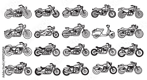 Seamless Pattern with Different Motorcycle Silhouettes in Black and White Style