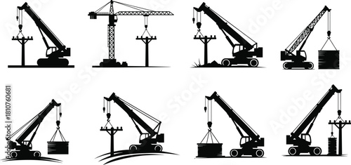 "Industrial construction crane silhouettes, heavy lifting machinery icons, building equipment illustration set, engineering tools, construction industry graphic design elements"