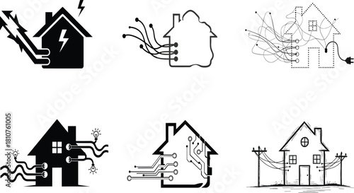 Creative house icons with electrical wiring, circuit board patterns, energy flow connections, power grid illustration set for modern technology and smart home concepts